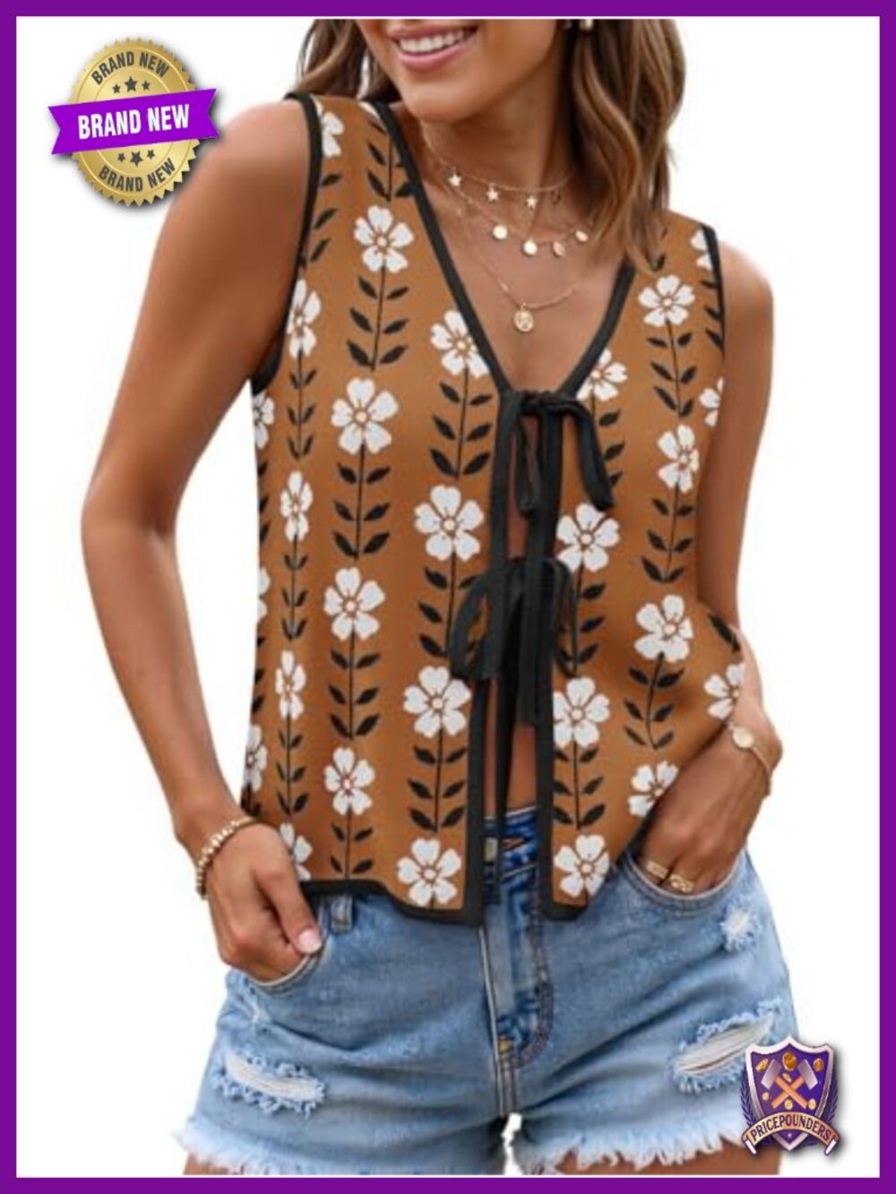 ZESICA Women's Summer Tie Front Knit Sweater Vest Top